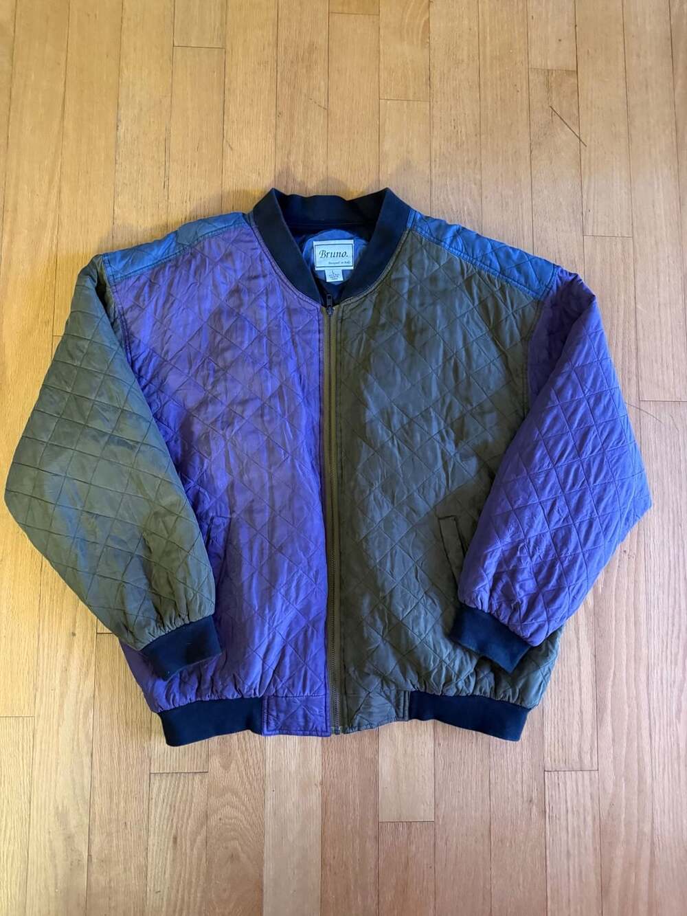 Bruno Vintage 90s Colorblock Quilted 100% Silk Bomber Jacket Size L
